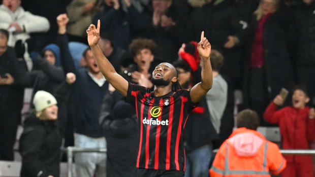 Antoine Semenyo pictured celebrating after scoring two goals for Bournemouth in a remarkable 4-3 win over Luton Town in March 2024